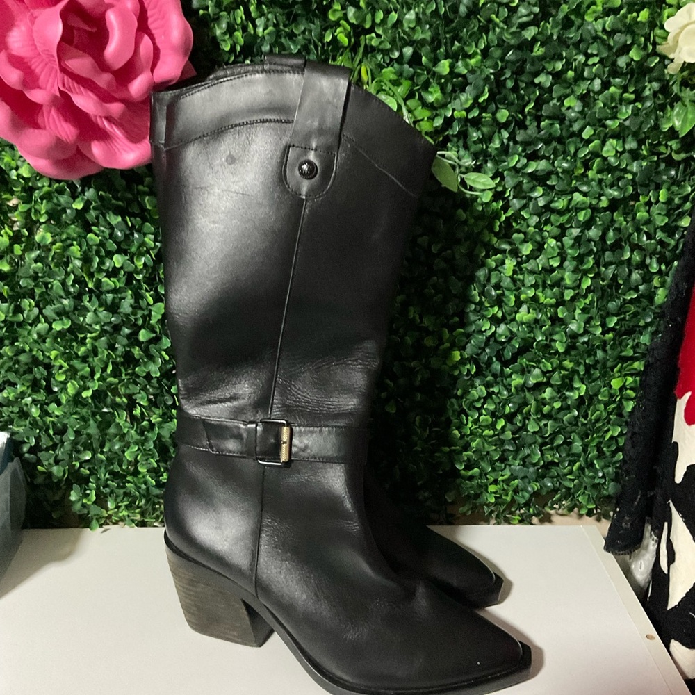 Women's Black Leather Mid-Calf Heeled Boots with Buckle Accent